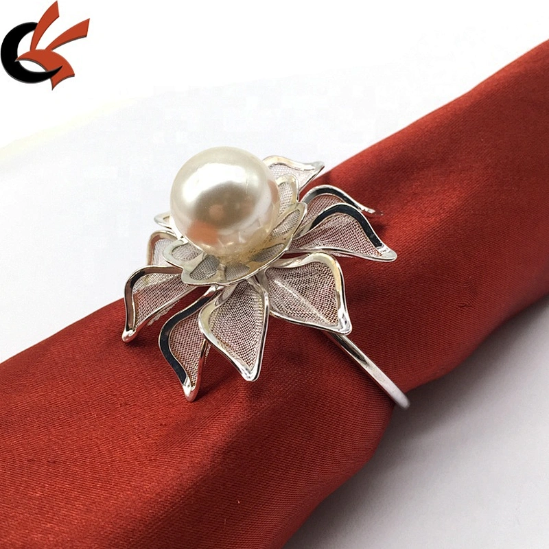Guangzhou Factory Anniversary Wedding Occasion Silver Lace Lotus Flower Beads Napkin Ring