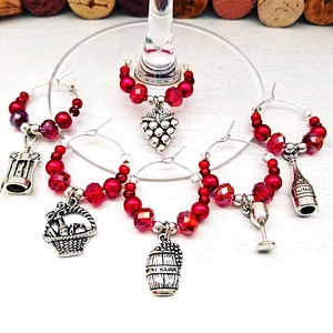 New product vintage antique silver metal plating wineglass decorative beaded wine glass charms