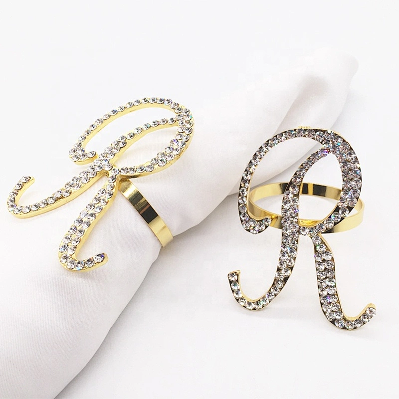 Custom Name Wholesale Wedding Rhinestone Czech Diamond Initial Alphabet Gold Napkin Ring