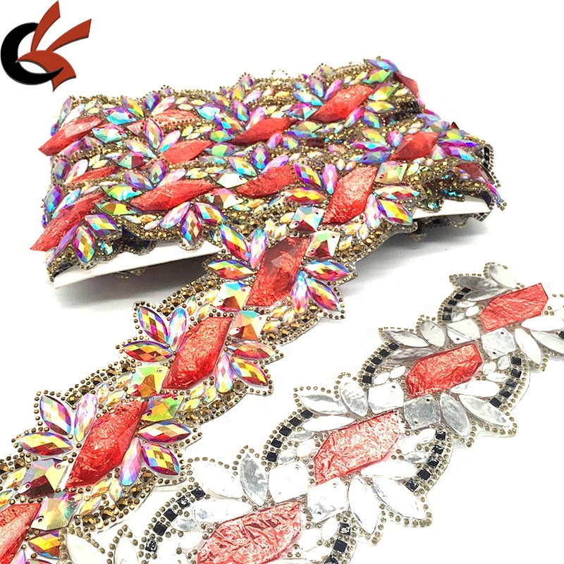 Red hot fix large width crystal beaded resin applique rhinestone chain crystal trim for clothing