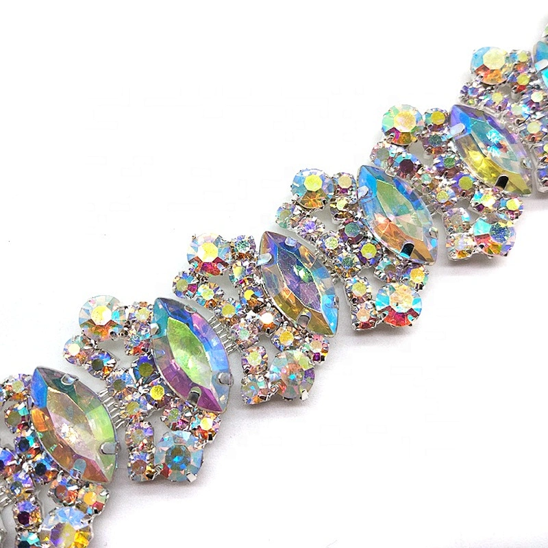 Factory supply Show Costume Applique AB Clear Glass Rhinestone GOLD Trim