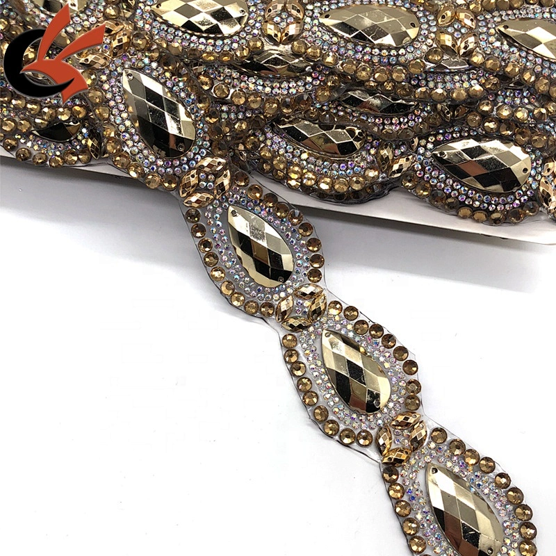 Metallic gold color crystal customized rhinestone iron on apparel trimming