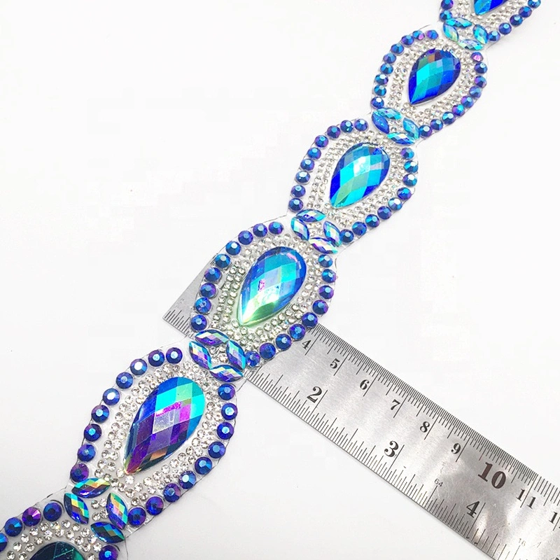 Custom New Arrival Item Crystal Sapphire Resin AB Material Hot Fix Rhinestone Motif Trimmings