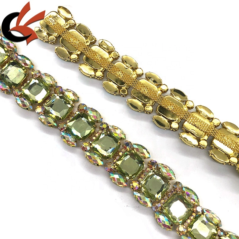 Diy applique square colorful resin rhinestone close gold claw chain trimming