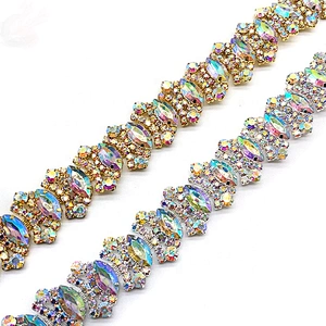 Factory supply Show Costume Applique AB Clear Glass Rhinestone GOLD Trim