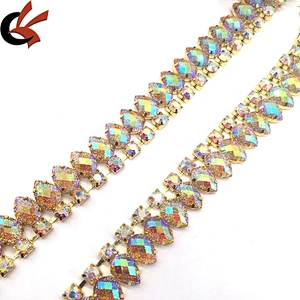 Sparking Wholesale Fringe Teardrop Resin Gold AB Glitter Crystal Rhinestone Chain Trim For Dress
