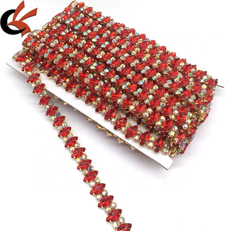 Sewing Red Marquise Beaded Crystal Rhinestone Wedding Crystal Trim Appliques Lace Trims