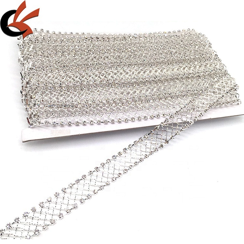 Wholesale fashion crystal mesh design silver decorative rhinestone fabric trim