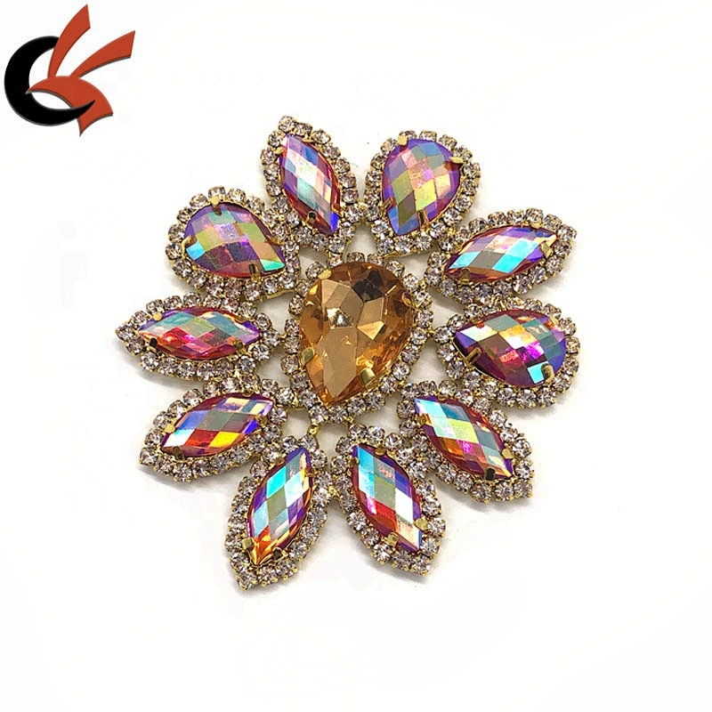 Drop shape rhinestone Appliques colorful AB Color Sew On Rhinestones patch with Gold Bottom