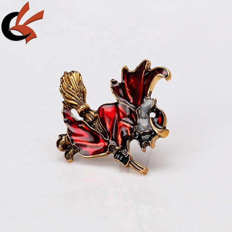 Factory customized Halloween party gift old gold plating red witch enamel brooch pin