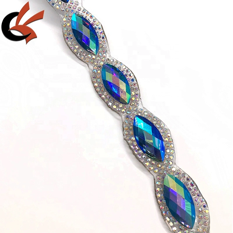 Newest AB colors crystal fancy iron on hot fix tape trimming for dress decoration