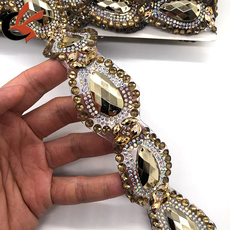 Metallic gold color crystal customized rhinestone iron on apparel trimming