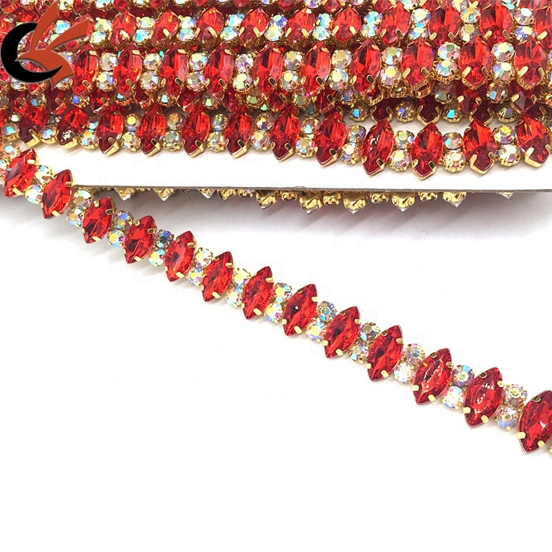 Sewing Red Marquise Beaded Crystal Rhinestone Wedding Crystal Trim Appliques Lace Trims
