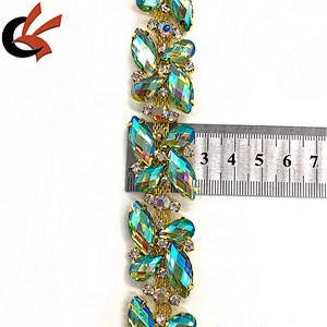 Factory Customized Shining Green AB crystal gems rhinestone beaded trimming for costume decoration