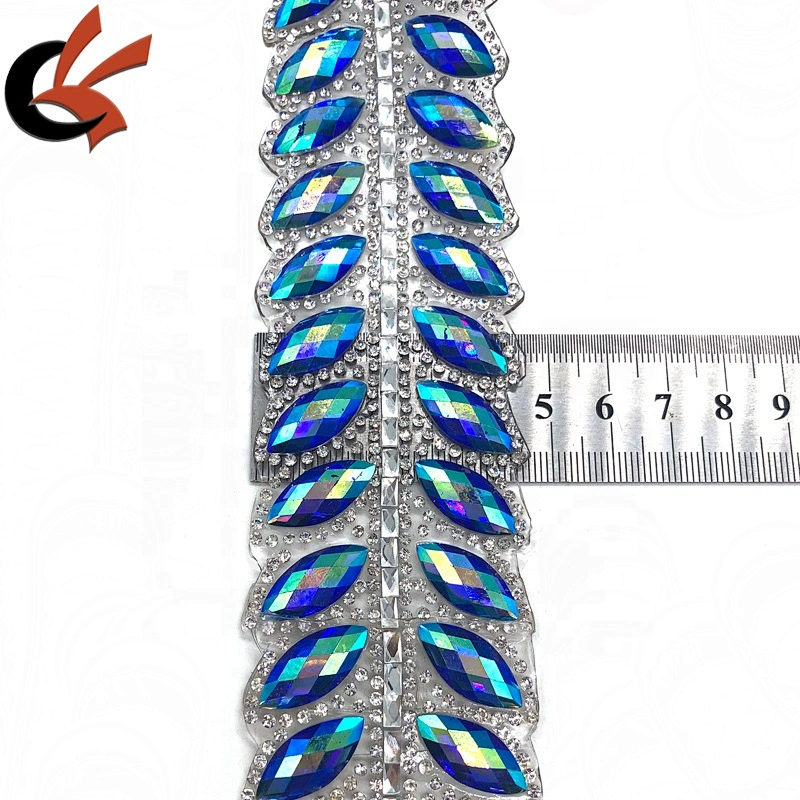 Carnival Embellishment blue AB leaf shapes hot fix rhinestone motif trim