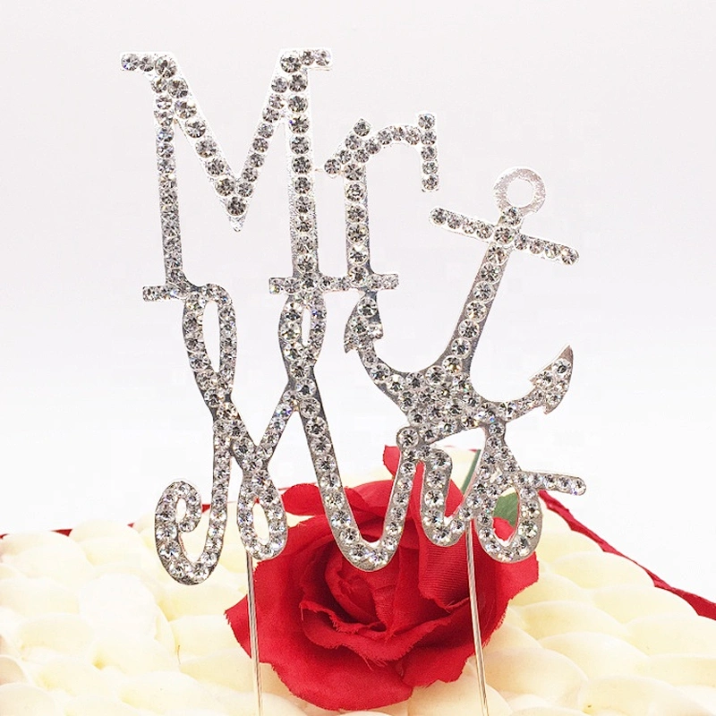 2019 hot sell Mr and Mrs rhinestone metal carved gemstone jewelry cake topper