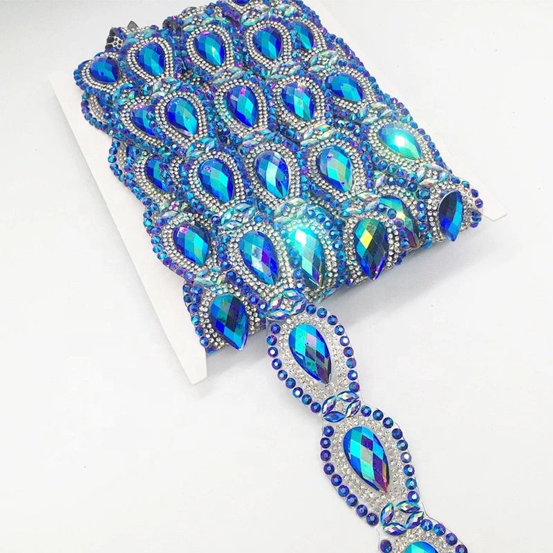 Custom New Arrival Item Crystal Sapphire Resin AB Material Hot Fix Rhinestone Motif Trimmings