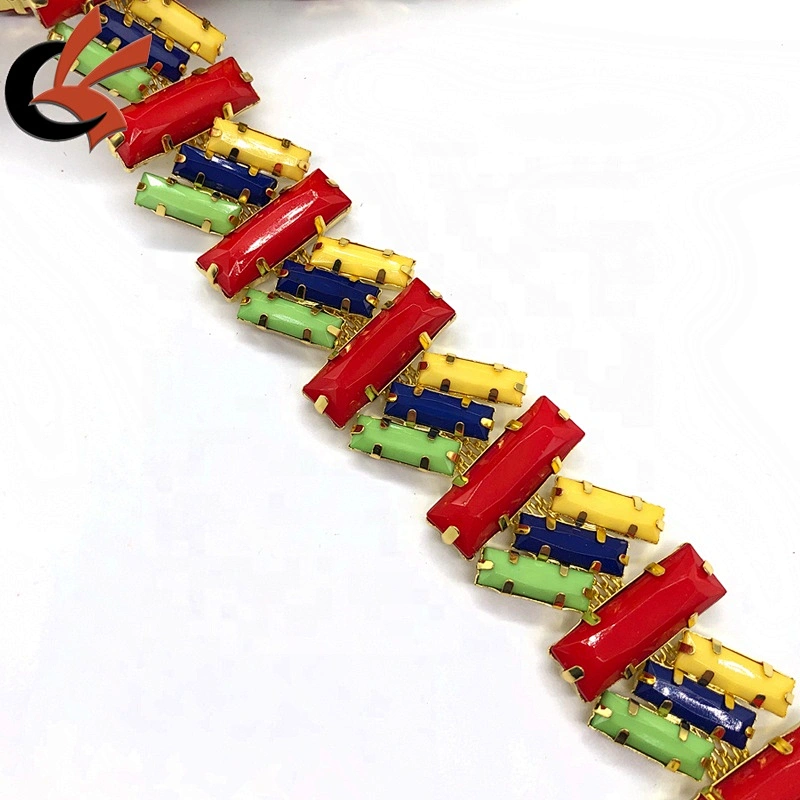 Costume dress decoration Red Yellow Green Blue rectangle rhinestone alternate chain trimming