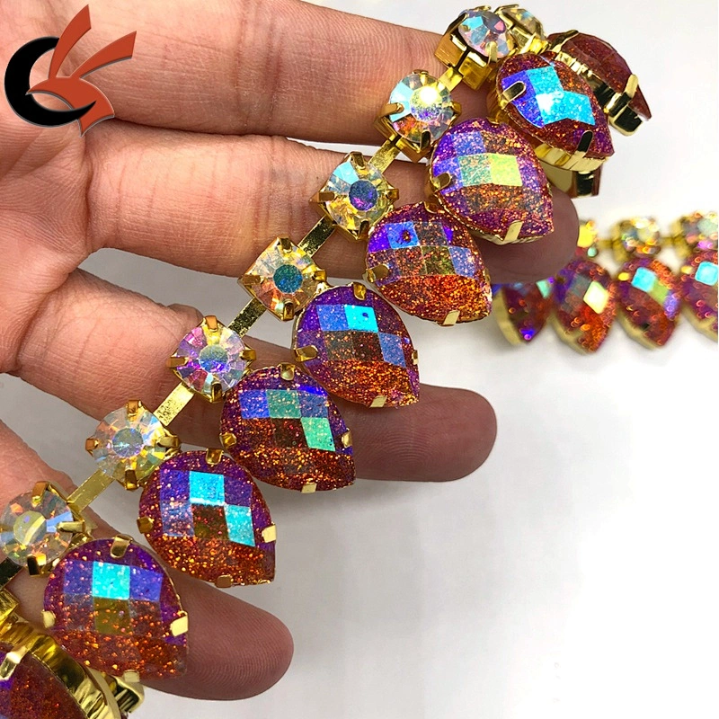 Glitter orange AB resin rhinestone beaded chain trimming