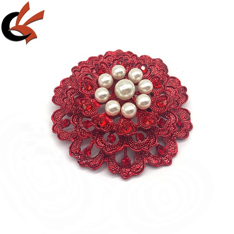 New Siam red metal base with red crystal large pearl rhinestone brooches