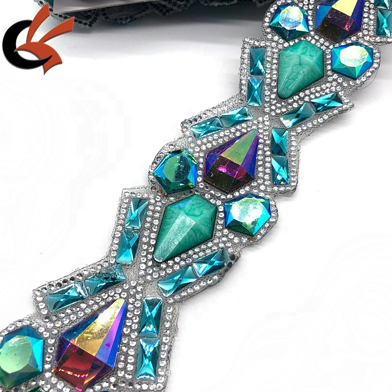 Wholesale Hot Fix Rhinestones Trimming Turquoise Resin Hotfix Crystal Banding Applique for Dress