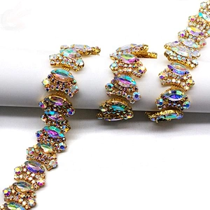Factory supply Show Costume Applique AB Clear Glass Rhinestone GOLD Trim