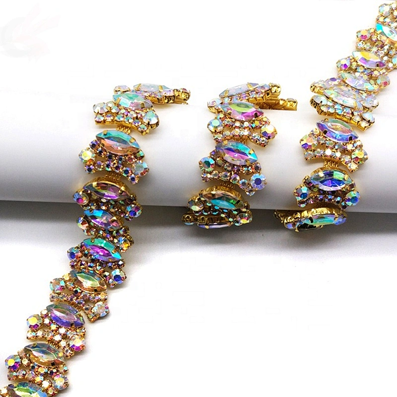 Factory supply Show Costume Applique AB Clear Glass Rhinestone GOLD Trim