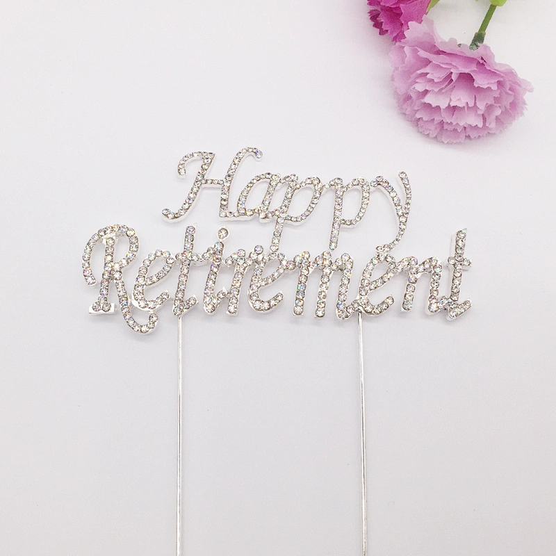 2018 new party products gold/siver rhinestone happy retirement cake topper for copmany employee celebration