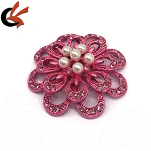 Lovely pink metal base with pink crystal flower pearl brooches for wedding