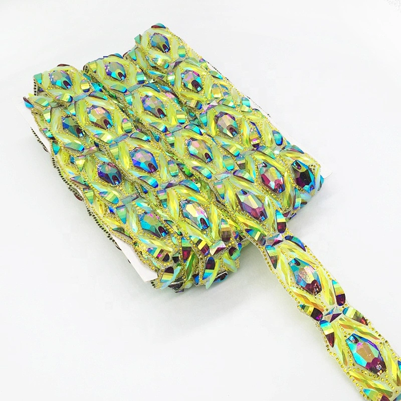 In stocked gold color resin rhinestone trims costume design hot fix transfer chain trim tape