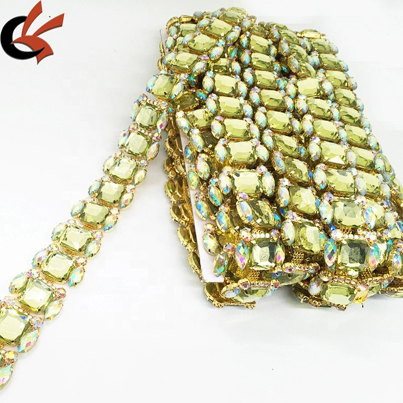 Wholesale Square Shape Custom Rhinestone Trim With Metal Settings Shirt Neckline Gemstone Chains