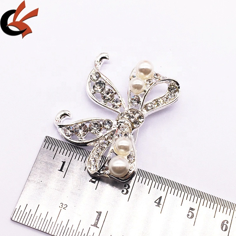 Women fashion brand crystal brooches Chinese bow shaped rhinestone pearl silver brooch pin