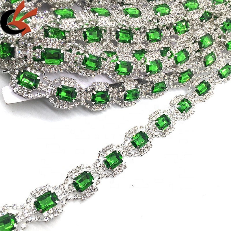 Customs Rhinestone Decoration Sew on Olive Green Chain Trims For Wedding Dancing Dress