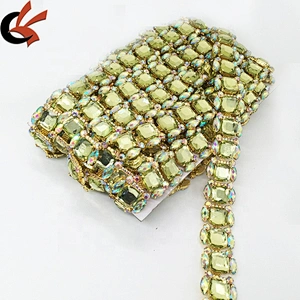 Wholesale Square Shape Custom Rhinestone Trim With Metal Settings Shirt Neckline Gemstone Chains