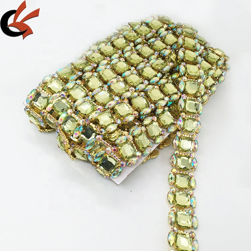 Wholesale Square Shape Custom Rhinestone Trim With Metal Settings Shirt Neckline Gemstone Chains