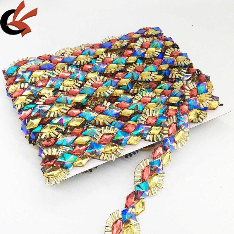 Hot Sale Women Dancing Dress Decoration Colorful Gemstone Flashing Hot Fix Rhinestone Motif Trimming Chain