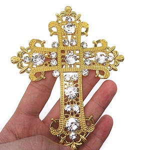 Religious Wedding Baptism Christening Decorative Gold 9.5*11.8cm Crystal Rhinestone Cross Cake Topper