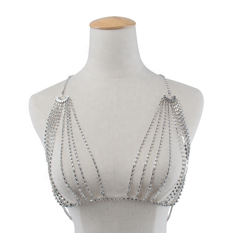 Latest Trends High Fashion Summer Beach Bikini Chain Party Harness Rhinestone Bra Body Chain