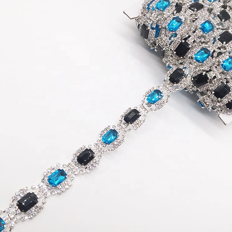 hot selling diamante silver setting colorful glass chain rhinestone trims for garment