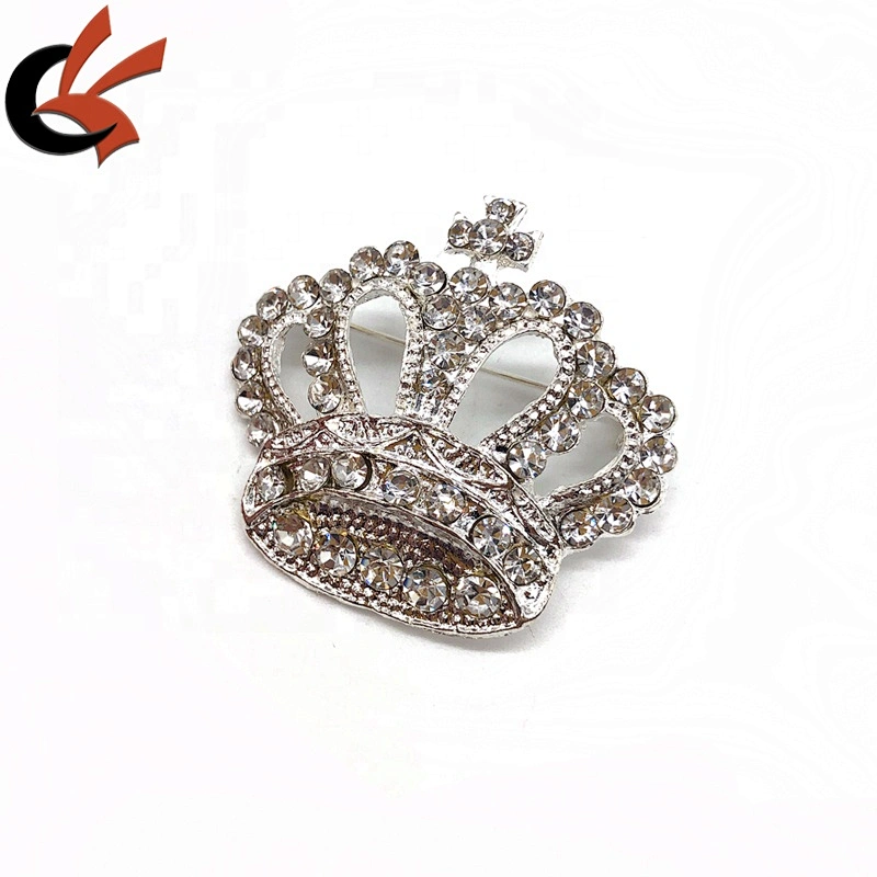 Factory Wholesale customized Silver Metal clear rhinestone Crystal Crown Brooch