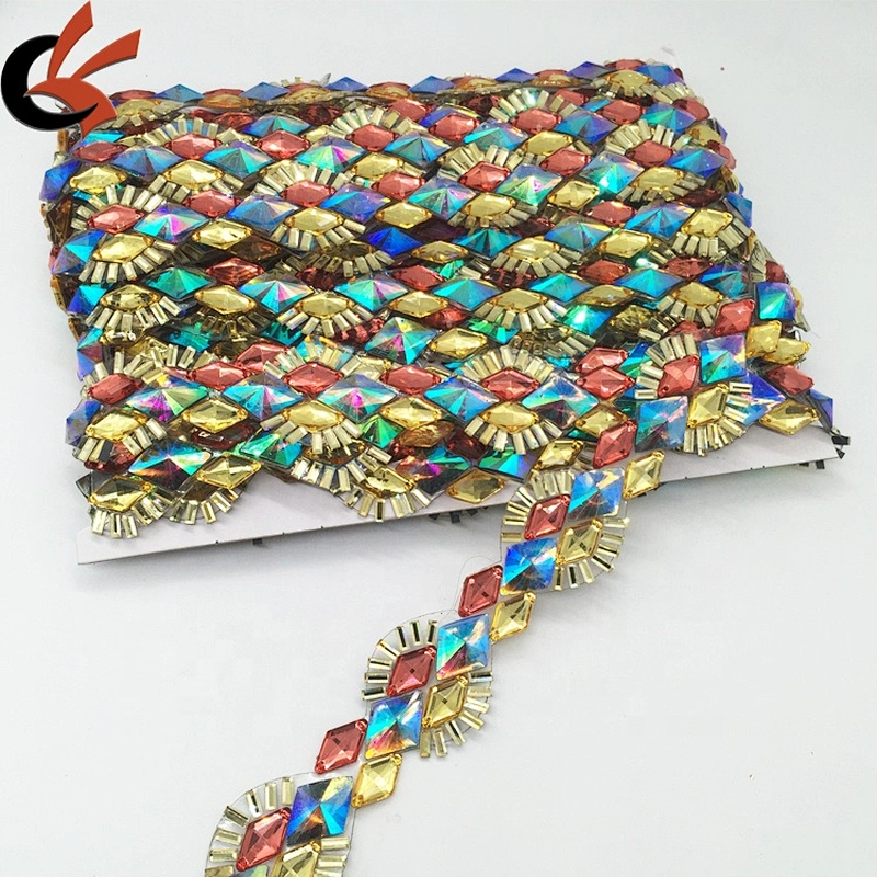 Hot Sale Women Dancing Dress Decoration Colorful Gemstone Flashing Hot Fix Rhinestone Motif Trimming Chain
