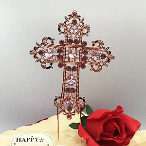Customized 2020 new style rose gold plating metal with crystal cross cake topper for party