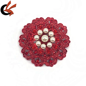 New Siam red metal base with red crystal large pearl rhinestone brooches