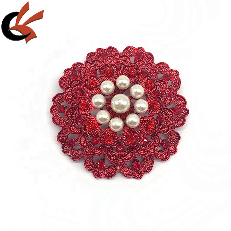 New Siam red metal base with red crystal large pearl rhinestone brooches