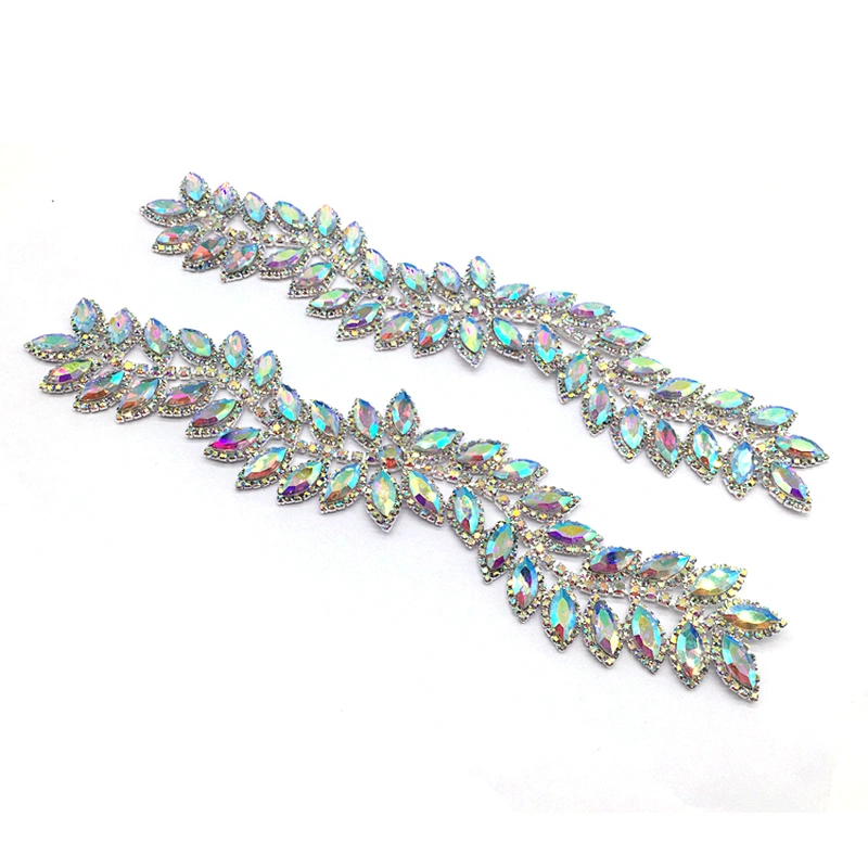 Fashion luxury rhinestone diamond ab leaf trim sew on crystal flower applique for garment bikini