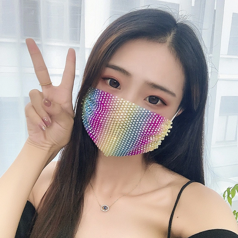 Neon Color Rhinestone Crystal Face Mask Stretch Net Face Veil Club Party Wearing