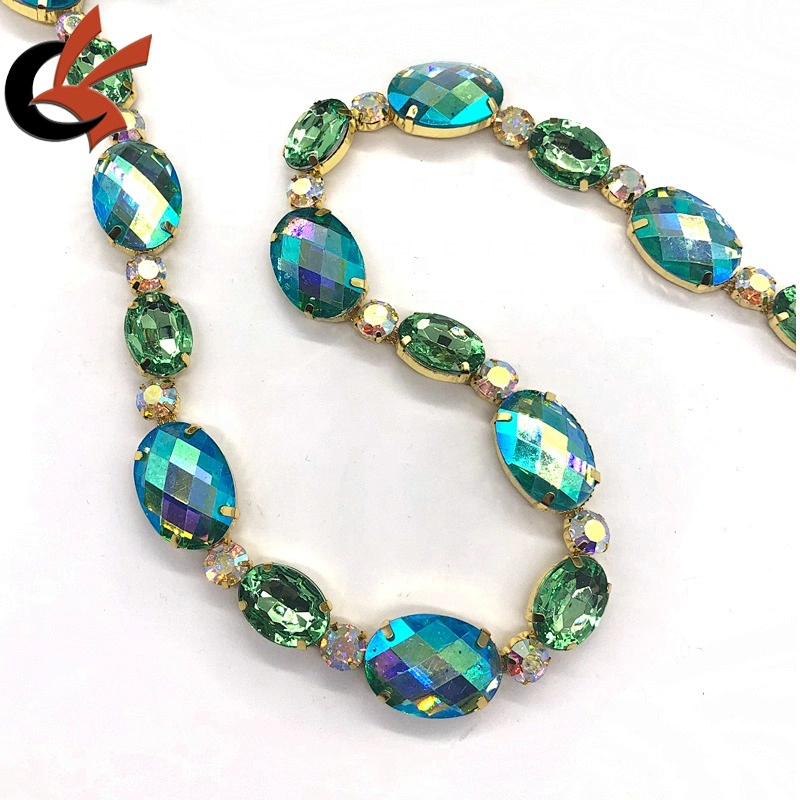 Factory Customized Green AB crystals oval shape rhinestone chain trimming for carnival dress decoration