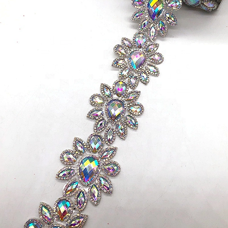 HOT fix  Crystal AB resin rhinestone  trimming iron on resin rhinestone chain applique for garment accessories