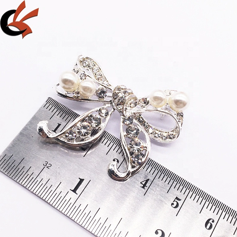 Women fashion brand crystal brooches Chinese bow shaped rhinestone pearl silver brooch pin