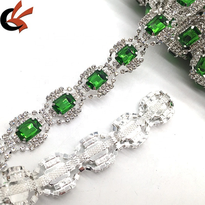 Customs Rhinestone Decoration Sew on Olive Green Chain Trims For Wedding Dancing Dress